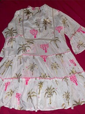 Women’s White Midi Dress with Gold Palm Print and Pink Accents